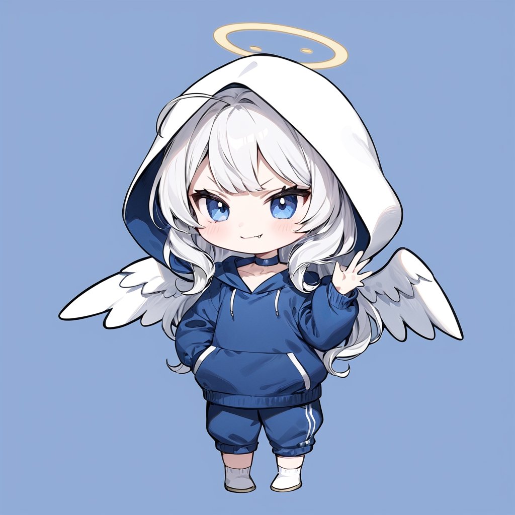 (chibi:1.3), masterpiece, made by a master, 4k, perfect anatomy, perfect details, best quality, high quality, lots of detail.
(solo),1girl, ((angel)), ((white hair)), (long hair:1.3), (two side up), blue eyes,  (curly hair:1.2), (wavy hair), (hair curls), (bangs), (two side up), two ((blue)) hair ties on head, (Double golden halo on her head), choker, ((angel wings)), ahoge, fang, (Blue long sleeve hooded top), ((hood up)), ((put on hood)), Blue pants, white socks, single, slightly angry, (evil smile), (one hand raised), (full body) ,Emote Chibi. cute comic,simple background, flat color, Cute girl,dal,Chibi Style,lineart,