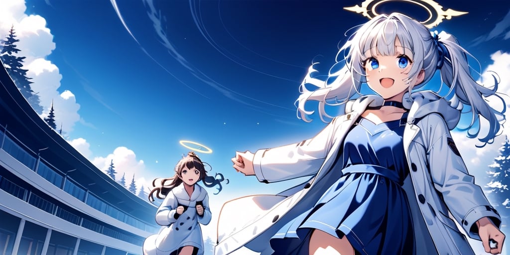 Anime-style illustration depicting a Japanese winter sky scene. A clear winter sky. A young girl,1angel, (white hair), long curly hair, blue eyes, (two blue ribbons on her hair), (Double golden halo on her head), ((angel wings)), twintail, dress, cute outfit, best smile, running, cute face, wearing a choker and a hooded winter coat. The perspective is from below, focusing on the girl, the street lamp against the clear winter sky.