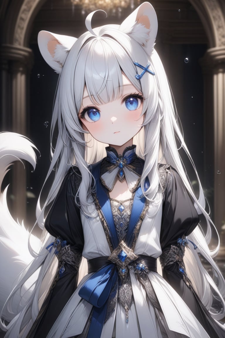 1girl, stoat girl, solo,  ((white hair)), very long hair, blue eyes, (straight hair), (bangs), animal ears, (stoat ears:1.2),
 Choker, ahoge, yaeba, (big white stoat Tail:1.2), (blue X hairpin), Beautiful girl. She is very badass, she wears a very luxurious outfit, pretty detailed, shining skin, detailed skin, dynamic light, wallpaper quality, detailed eyes, shining, blue eyes, blurry background, detailed image, detailed skin, upper body, looking at viewer, stunning image, 8k, proffesional style, luxurious room in background. Water drop, ((masterpiece: 1.2)), light particles, ink droplets in background.,Masterpiece,Stunning image,Professional style