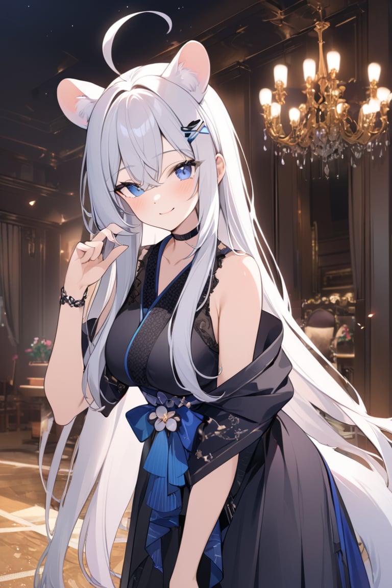 1girl, stoat girl, solo,  ((white hair)), very long hair, blue eyes, (straight hair), (bangs), animal ears, (stoat ears:1.2),
 Choker, ahoge, yaeba, (big white stoat Tail:1.2), (blue X hairpin), Pretty and badass woman, upper body, hand up, greeting, playful girl, hand fitting the hair. She wears a very elegant kimono. She is a very elegant, walking pose, impressive image, stunning image, masterpiece, light particles, blurry background, lovely woman, fascinating aesthetics. Hyperdetailing masterpiece, hyperdetailing skin, masterpiece quality, with 8k resolution. Kind smile. She's in a elegant luxurious palace. straight hair, hime_cut, long hair; fashionable outfit, sakura hairpin. leaning forward. It's nightime. elegant aura. cute smile