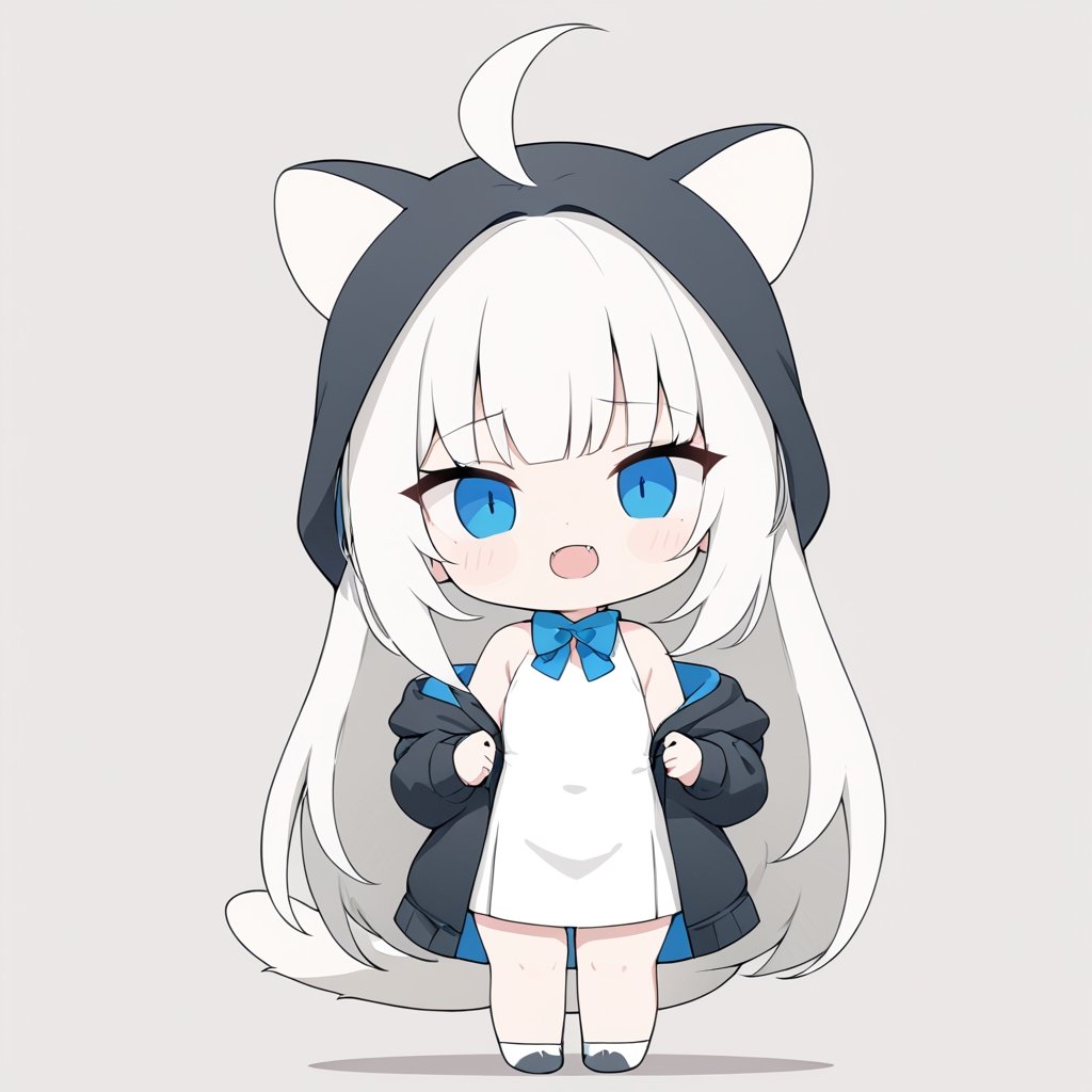 chibi, masterpiece, made by a master, 4k, perfect anatomy, perfect details, best quality, high quality, lots of detail.
(solo),1girl, ((white hair)), very long hair, blue eyes, (straight hair), (bangs), (stoat ears:1.2), ahoge, fangs, (stoat Tail:1.2)(White sleeveless dress, chest bow), (black hooded jacket), (Off the shoulders), single, looking at viewer, (flat face), (poker face), (full body) ,Emote Chibi. cute comic,simple background, flat color, Cute girl,Chibi Style,