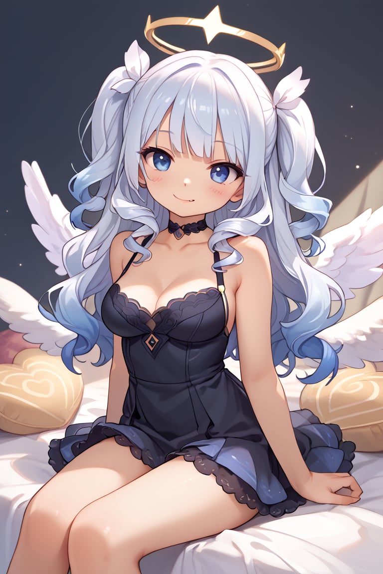 (score_9, score_8_up, score_7_up), 1girl, angel, white hair, long curly hair, (two side up), blue eyes,  (curly hair:1.2), (wavy hair), (hair curls)
, (bangs), (two side up), two blue hair ties on head, (Double golden halo on her head), bowtie choker, angel wings, ahoge, fang, dress, long hair, smile, solo, (medium breasts:2), white hair, black dress, looking at viewer, breasts, bare shoulders, sidelocks, collarbone, blush, sitting, purple eyes, blue eyes, beautiful eyes, (petite:2), blunt bangs, gradient hair,source_anime