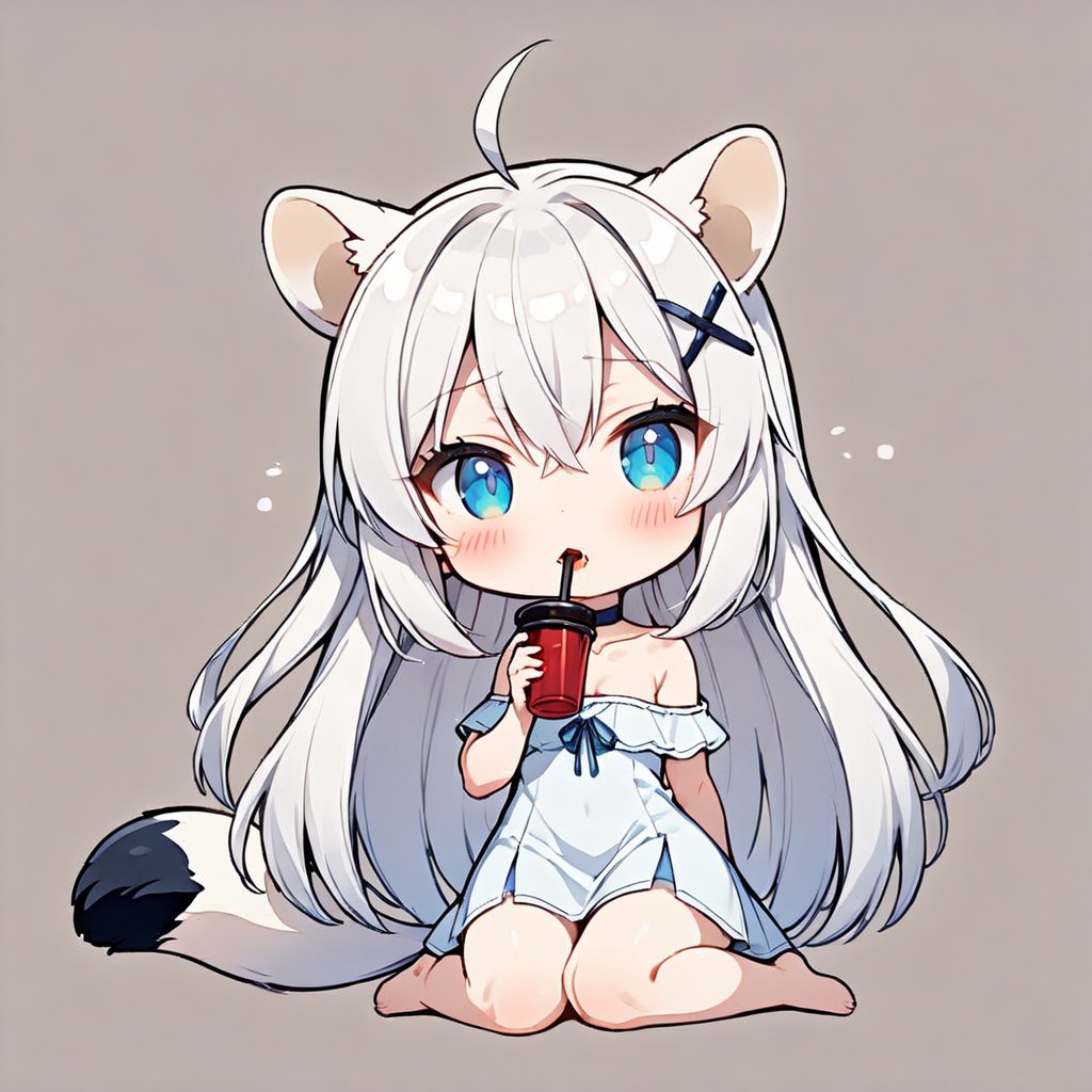 masterpiece, 1girl, stoat girl, solo,  ((white hair)), very long hair, blue eyes, (straight hair), (bangs), animal ears, (stoat ears:1.2),
 Choker, ahoge, fangs, (big stoat Tail:1.2), (blue X hairpin), solo, long hair, blush, bangs, simple background, cute dress, white background, hair between eyes, collarbone, (((drinking))), ahoge, lips parted, off shoulder, chibi, (((up body))),flat style, 