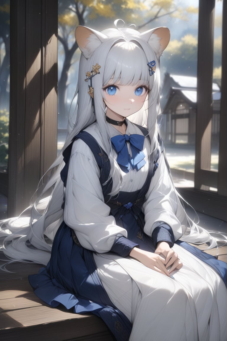 1girl, stoat girl, solo,  ((white hair)), very long hair, blue eyes, (straight hair), (bangs), animal ears, (stoat ears:1.2),
 Choker, ahoge, yaeba, (big white stoat Tail:1.2), (blue X hairpin), An animated animated girl with blue eyes is sitting on a wooden bench. She is wearing a short blue skirt with a white shirt and a blue bow tie. There is a small white cup of coffee on the bench in front of her. Behind her is a green lawn with small white flowers on it. A tree with yellow leaves is on the left side of the bench. Behind the tree is a wooden door with a black handle. Blurry background, detailed image, detailed skin, stunning image, 8k, proffesional style, luxurious room in background, ((masterpiece: 1.2)), light particles. Masterpiece, stunning image, professional style