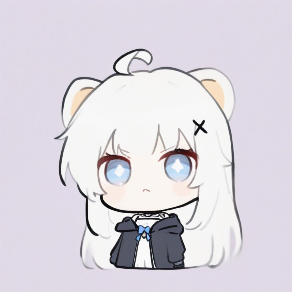 (chibi style), {{{masterpiece}}}, {{{best quality}}}, {{ultra-detailed}}, {beautiful detailed eyes},1girl, solo,  ((white hair)), very long hair, blue eyes, (straight hair), (bangs), animal ears, (stoat ears:1.2), Choker, ahoge, fangs, (big stoat Tail:1.2), (X hairpin), (White sleeveless collared dress, (Two-piece dress), (blue chest bow)), (black hooded oversized jacket:1.2), (Off the shoulders), ((shadow face:1.2)), (angry eyes), (closed mouth), upper body,chibi emote style,chibi,emote, cute,Emote Chibi,Line Chibi yellow