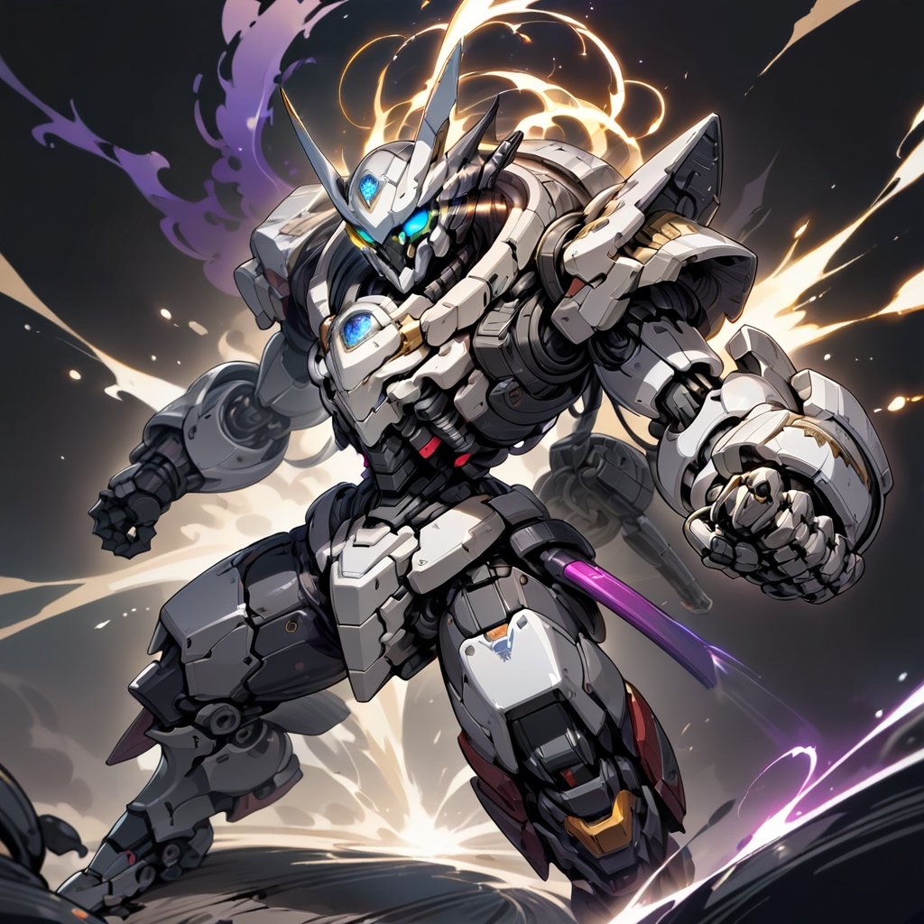 Masterpiece, 4K, ultra detailed, ((solo)), chibi style, anime style, skeleton Mecha, (MASK), (metal), dark color mecha, (fight pose), (punch), (Surrounded by electric current aura), (full body), solid background, detail, ,close viewer,ROBOT,aesthetic