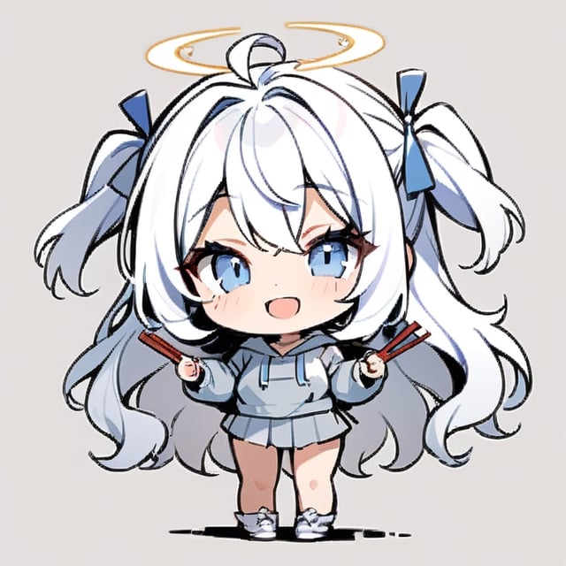  chibi, masterpiece, best quality, solo, 1girl, angel, (white hair), long curly hair, (two side up),blue eyes, (two blue ribbons on her hair), ((Double golden halo on her head)), choker, ((angel wings)), ahoge, full body, cute smile, best smile, open mouth, Wearing grey Hooded T-shirt, long sleeves, pleated skirt, (holding a pair of huge chopsticks), ,masterpiece,simple background, ,