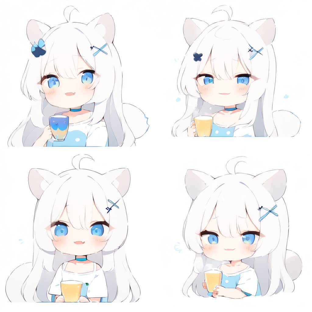 masterpiece, 1girl, stoat girl, solo,  ((white hair)), very long hair, blue eyes, (straight hair), (bangs), animal ears, (stoat ears:1.2),
 Choker, ahoge, fangs, (big stoat Tail:1.2), (blue X hairpin), solo, long hair, blush, bangs, simple background, cute shirt, white background, hair between eyes, smiling, collarbone, (((holding a big cup))), drinking, ahoge, lips parted, off shoulder, chibi, (((up body))),flat style,cute comic