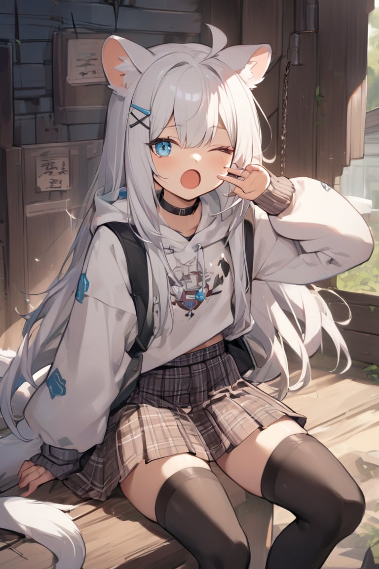 1girl, stoat girl, solo,  ((white hair)), very long hair, blue eyes, (straight hair), (bangs), animal ears, (stoat ears:1.2),
 Choker, ahoge, yaeba, (big white stoat Tail:1.2), (blue X hairpin), solo, looking at viewer, open mouth, bangs, blue eyes, skirt, thighhighs, long sleeves, hair between eyes, sitting, pleated skirt, one eye closed, choker, puffy sleeves, black thighhighs, hood, sleeves past wrists, plaid, hoodie, chain, black choker, plaid skirt, piercing, hood down, puffy long sleeves, ;o, white hoodie, yawning