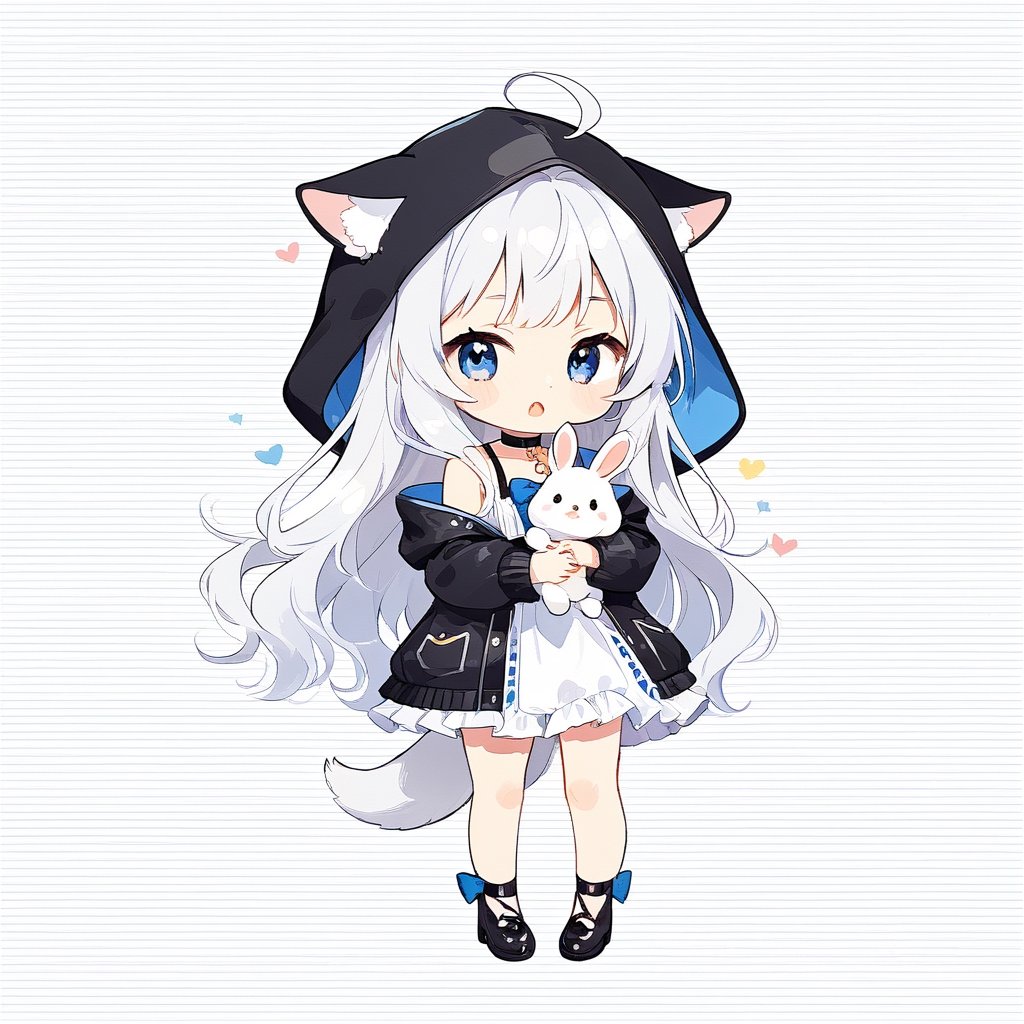 chibi, masterpiece, made by a master, 4k, perfect anatomy, perfect details, best quality, high quality, lots of detail.
(solo),1girl, ((white hair)), very long hair, blue eyes, (straight hair), (bangs), animal ears, (stoat ears:1.2), Choker, ahoge, fang, (big stoat Tail:1.2), (White sleeveless two piece dress, blue chest bow), (black hooded jacket:1.2), (Off the shoulders), (hugging a rabbit doll:1.2), single, looking at viewer, (full body) ,Emote Chibi. cute comic,simple background, flat color, Cute girl,Chibi Style,chibi emote style,cute,anime