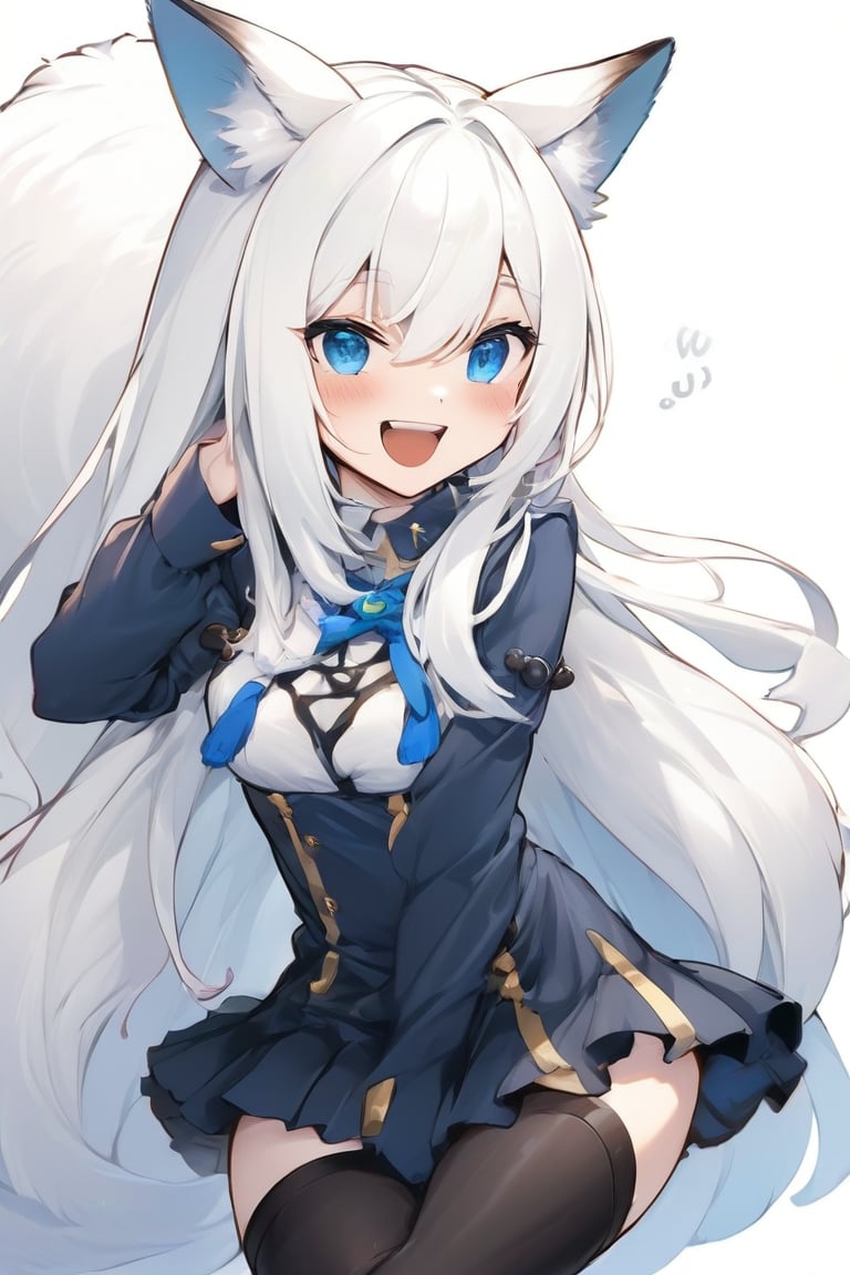 1girl, stoat girl, solo,  ((white hair)), very long hair, blue eyes, (straight hair), (bangs), animal ears, (stoat ears:1.2),
 Choker, ahoge, fangs, (big stoat Tail:1.2), (blue X hairpin), (White collared sleeveless top, (midriff), blue chest bow), 
(black hooded oversized jacket:1.2), (jacket zipper half unzipped), (black short pants) (Off the shoulders), anime, eating,Anime Style.,kawaii