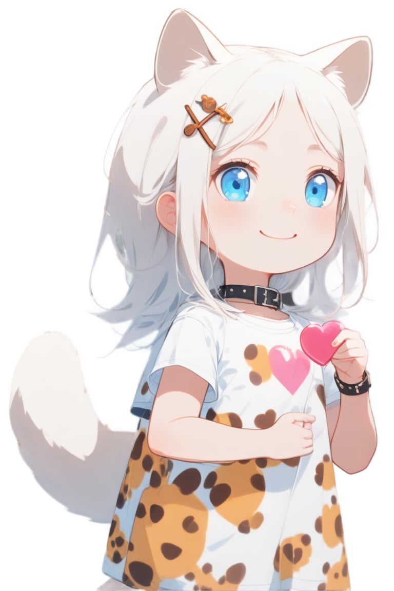 1girl, stoat girl, solo,  ((white hair)), very long hair, blue eyes, (straight hair), (bangs), animal ears, (stoat ears:1.2),
 Choker, ahoge, yaeba, (big white stoat Tail:1.2), (blue X hairpin), hold, holding pink heart, cartoon tshirt, white tshirt, collar, hair covering one eye, looking at the camera, little smile,pastel tone