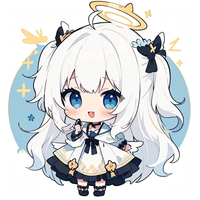 cute, kawaii, chibi, 1girl, angel, ((white hair)), long curly hair, (two side up), blue eyes,  (curly hair:1.2), (wavy hair), (hair curls), (bangs), (two side up), two blue hair ties on head, (Double golden halo on her head), choker, angel wings, ahoge, fang, White dress with blue lace trim, anime style,chibi