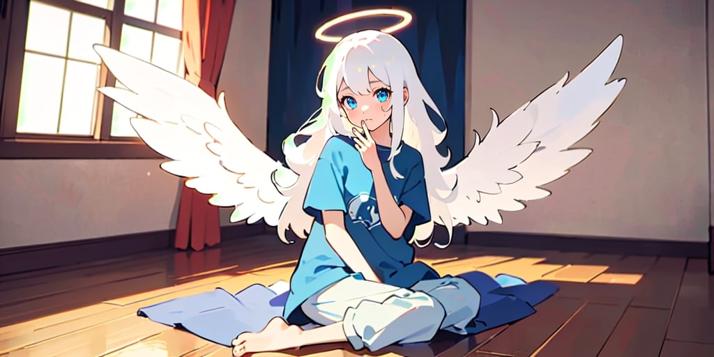 (Best Picture Quality, High Quality, Best Picture Score: 1.3), , Perfect Beauty Score: 1.5, long hair, 1 angel girl, (solo), ((white hair)), (long curly hair), blue eyes, ((two blue ribbons on her hair)), (Double golden halo on her head), (angel wings), (cute outfit), Wearing a T-shirt and pajamas trousers, Sitting on the floor in a room with no lights on, sad expression, beautiful, cute, masterpiece, best quality,