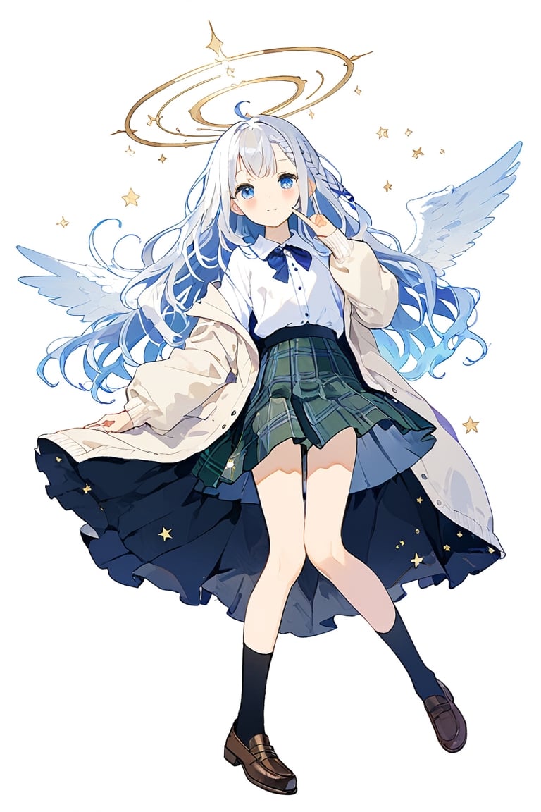 a cute girl,1girl, angel, white hair, long curly hair, ((two side up)), blue eyes, two blue  hair ribbons, (Double golden halo on her head), choker, angel wings on back, ahoge, shirt, long sleeves, white background, closed mouth, standing,  jacket, full body, braid, pleated skirt, open clothes, shoes, socks, collared shirt, hand up, open jacket, plaid, plaid skirt, brown footwear, cardigan, wing collar, green skirt, black socks, loafers, index finger raised, white shirt,striking a pose with index finger on the chin, indicating confidence or feeling suave,:d,natural light,blush,Mid-shot,masterpiece, best quality, aethetic,（head tilt：1.2）