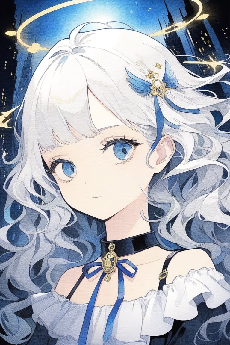 portrait of cute detecive in the noir city, 1girl, angel, white hair, long curly hair, two side up,blue eyes, two blue ribbons on her hair, (Double golden halo on her head), choker, angel wings, detailed illustration portrait, incredible details, disney stylized cute, dark cyberpunk illustration