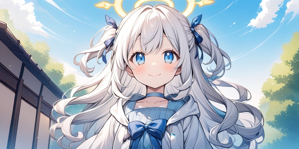 Anime-style illustration depicting a Japanese spring sky scene. A clear spring sky. A young girl,1angel, (white hair), long curly hair, blue eyes, (two blue ribbons on her hair), (Double golden halo on her head), ((angel wings)),  two side up, (a small feather on the front hair), dress, cute outfit, best smile, cute face, wearing a choker and a hooded spring coat. The perspective is from below, focusing on the girl, the street lamp against the clear spring sky.