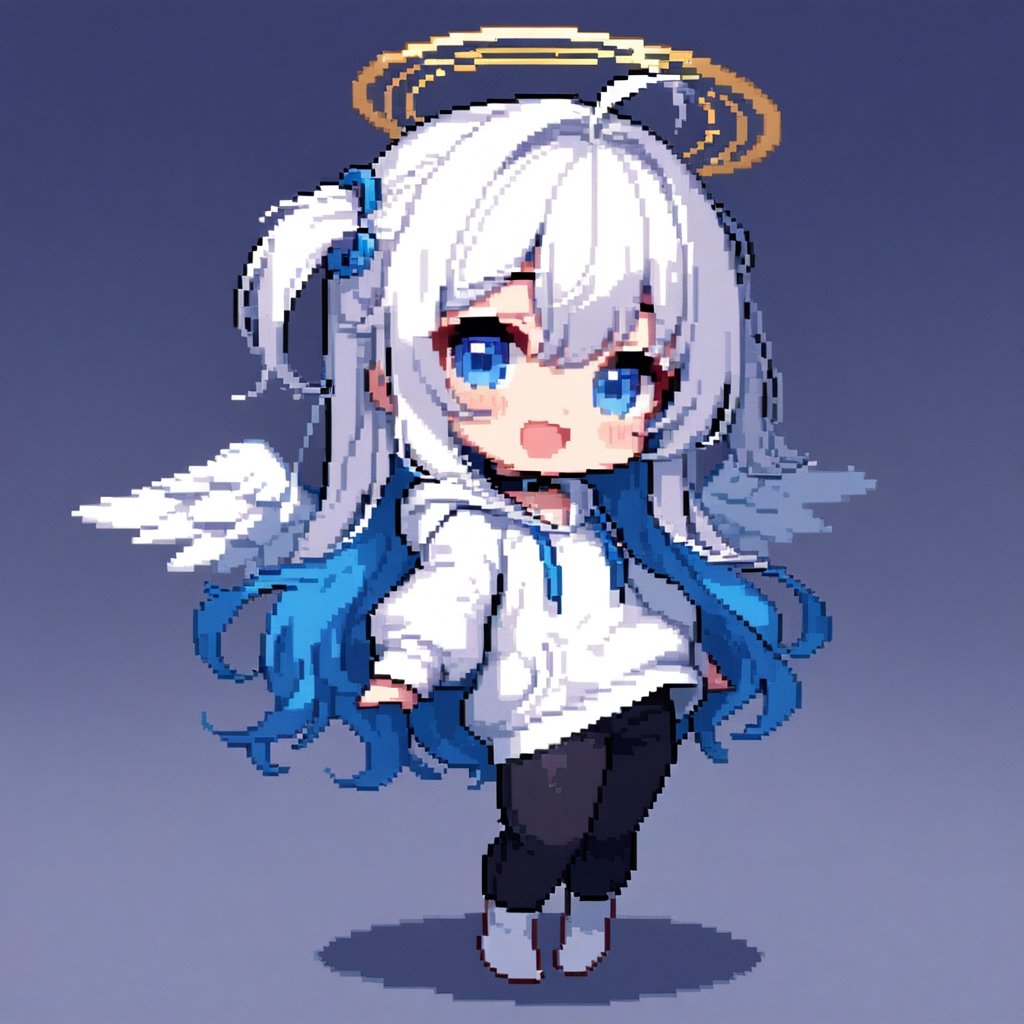 (chibi:1.3), masterpiece, made by a master, 4k, perfect anatomy, perfect details, best quality, high quality, lots of detail.
(solo),1girl, ((angel)), ((white hair)), (long hair:1.1), (two side up:1.2), blue eyes, (wavy hair), (hair curls), (bangs), two ((blue)) hair ties on head, (Double golden halo on her head), choker, ((angel wings)), ahoge, laughing, (white long sleeve hooded top), black pants, white socks, single, open mouth, (full body) ,Emote Chibi. cute comic, flat color, Cute girl,Chibi Style,(pixel art),16 bit,Pixel art,32 bit,pixel style