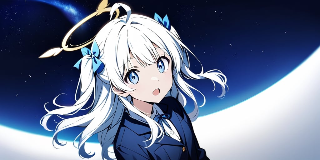 (masterpiece), full body:1.1, 1girl, 20 years old, (angel), white hair, long curly hair, two side up,blue eyes, two blue ribbons on her hair, (Double golden halo on her head), choker, ((angel wings)), solo, negative space, (starry sky background, standing), cinematic angle, side angle, from above:1, a girl in a school uniform, cute, black pleated skirt, blue blazer, blue bow in hair, ahoge, simple, facing viewer, manga illustration style, Trying to close the door, closing a door, a white wooden door, A mysterious door, Behind the door is a starry sky, bangs, staring blankly at the camera, surprised expression, open mouth, detailed blue eyes,Kyoto animation style
