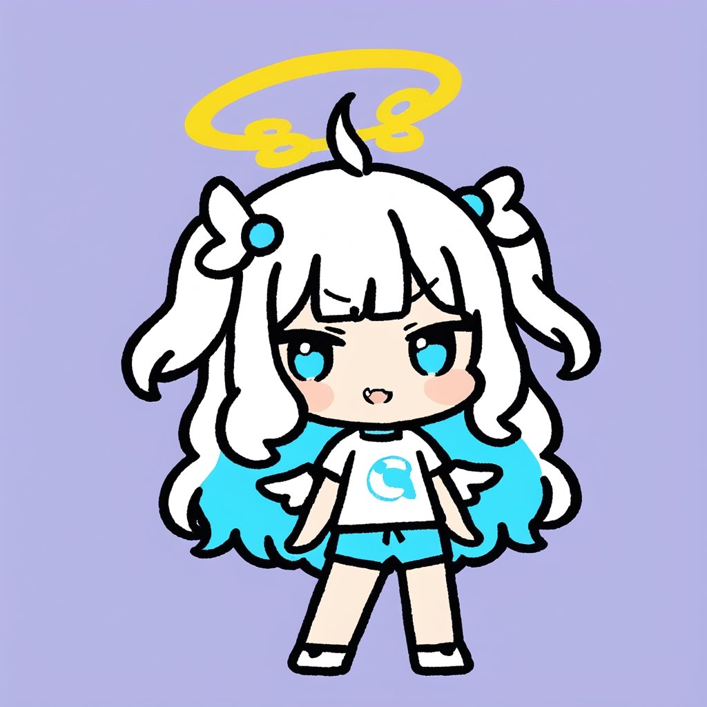 chibi, sd, masterpiece, made by a master, 4k, perfect anatomy, perfect details, best quality, high quality, lots of detail.
1girl, ((angel)), (white hair), long curly hair, (two side up), blue eyes,  (curly hair:1.2), (wavy hair), (hair curls), (bangs), (two side up), two ((blue)) hair ties on head, (Double golden halo on her head), choker, ((angel wings)), ahoge,white t-shirt, Short pants, single, looking at viewer, smiling, fang, happy, slightly angry, chibi, Emote Chibi. simple background, Line,cute comic,simple background, flat color,chibi,Cute girl,dal,Emote Chibi,chibi style,Chibi Style,Graffiti Comic,lineart