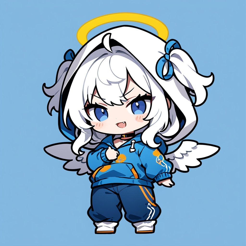 (chibi:1.3), masterpiece, made by a master, 4k, perfect anatomy, perfect details, best quality, high quality, lots of detail.
(solo),1girl, ((angel)), ((white hair)), (long hair:1.3), (two side up), blue eyes,  (curly hair:1.2), (wavy hair), (hair curls), (bangs), (two side up), two ((blue)) hair ties on head, (Double golden halo on her head), choker, ((angel wings)), ahoge, fang, (Blue long sleeve hooded top), ((hood up)), ((put on hood)), Blue pants, white socks, single, slightly angry, (evil smile), (one hand raised), (full body) ,Emote Chibi. cute comic,simple background, flat color, Cute girl,dal,Chibi Style,lineart,