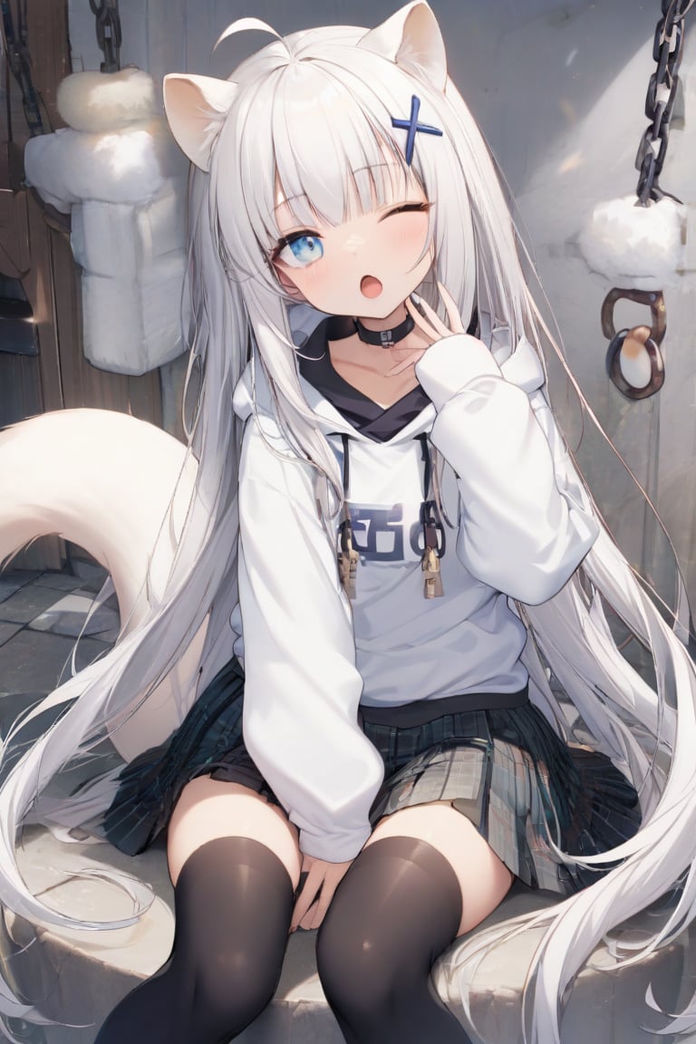 1girl, stoat girl, solo,  ((white hair)), very long hair, blue eyes, (straight hair), (bangs), animal ears, (stoat ears:1.2),
 Choker, ahoge, yaeba, (big white stoat Tail:1.2), (blue X hairpin), solo, looking at viewer, open mouth, bangs, blue eyes, skirt, thighhighs, long sleeves, hair between eyes, sitting, pleated skirt, one eye closed, choker, puffy sleeves, black thighhighs, hood, sleeves past wrists, plaid, hoodie, chain, black choker, plaid skirt, piercing, hood down, puffy long sleeves, ;o, white hoodie, yawning