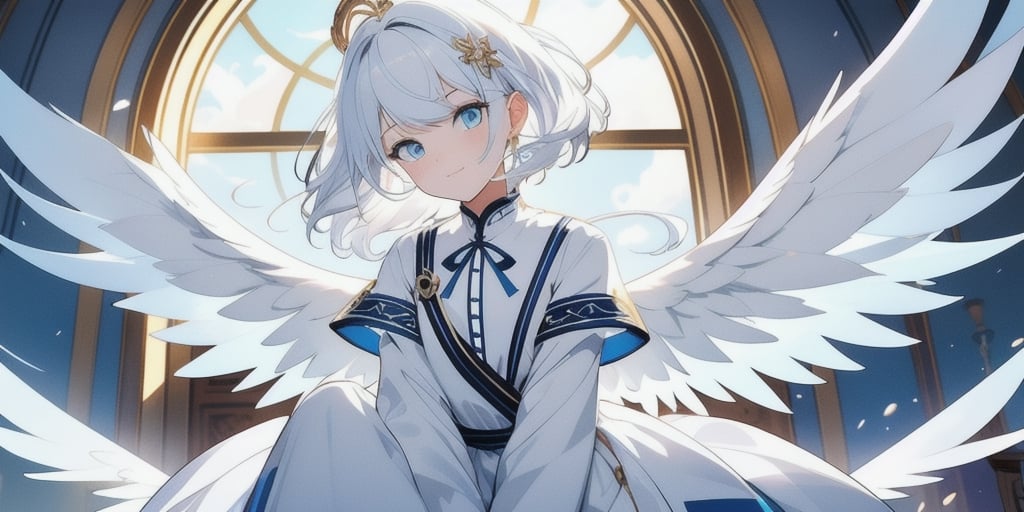 vibrant colors, female, masterpiece, sharp focus, best quality, depth of field, cinematic lighting, ((solo, one woman )), (illustration, 8k CG, extremely detailed), masterpiece, ultra-detailed,
1angel, (white hair), long curly hair, blue eyes, (two blue ribbons on her hair), (Double golden halo on her head), angel wings, dress, cute outfit, Sitting on a seat, look to the sky, best smile, cute face, perfect light,1girl white hair blue eyes x hair ornament