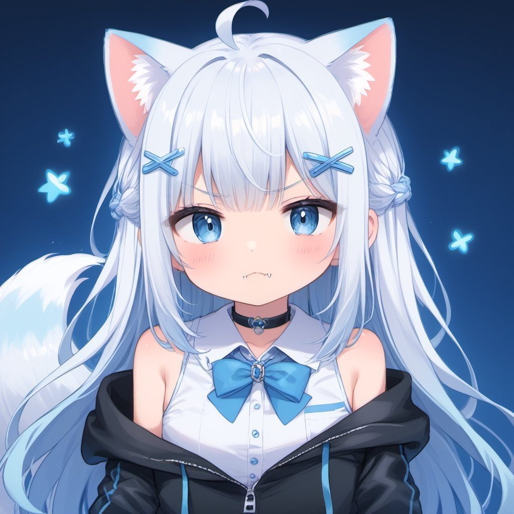 (chibi style), {{{masterpiece}}}, {{{best quality}}}, {{ultra-detailed}}, {beautiful detailed eyes},1girl, solo,  ((white hair)), very long hair, blue eyes, (straight hair), (bangs), animal ears, (stoat ears:1.2), Choker, ahoge, fangs, (big stoat Tail:1.2), (X hairpin), (White sleeveless collared dress, (Two-piece dress), (blue chest bow)), (black hooded oversized jacket:1.2), (Jacket zipper half zipped), (Off the shoulders), ((shadow face:1.2)), (angry eyes), (closed mouth), upper body,chibi emote style,chibi,emote, cute,