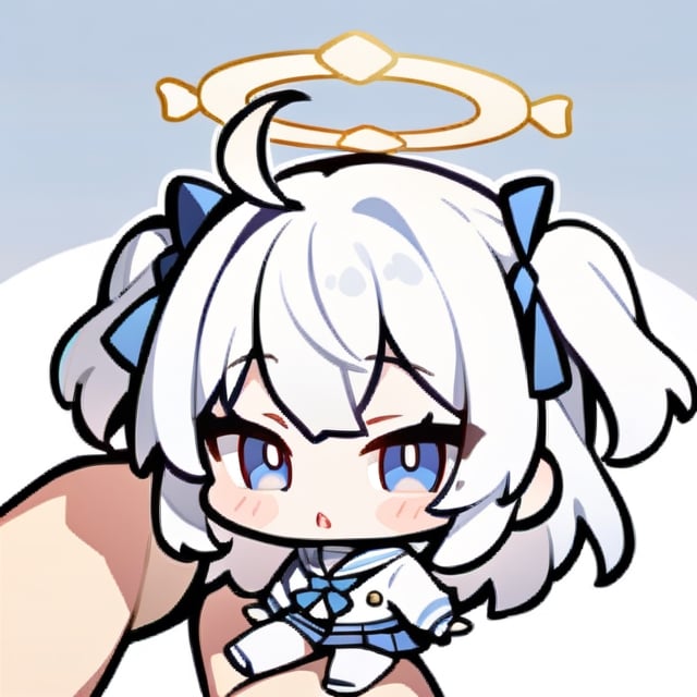  chibi, masterpiece, best quality,1girl, angel, (white hair), long curly hair, (two side up),blue eyes, (two blue ribbons on her hair), ((Double golden halo on her head)), choker, ((angel wings)), ahoge,blue school uniform,sailor collar,long sleeves,pleated skirt,white pantyhose,masterpiece,Emote Chibi