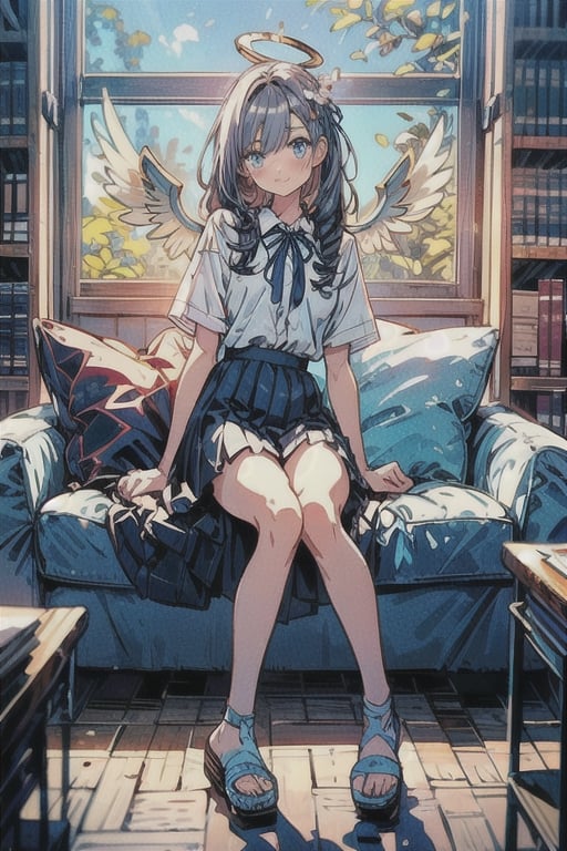 tall, A girl in the Library, Bright colors, Spring, willow branches, comfort, Warm sunlight,perfect,hand, angel, with sliver long curly hair, blue eyes, two blue ribbons on her hair, (Double golden halo on her head), angel wings, Slippers, Large blue Ribbon on the chest, School uniform, white Sandals, tall, sharp eyes, Wooden Unicorn Statue Background, a tall girl, long legs, mature, a small foot,