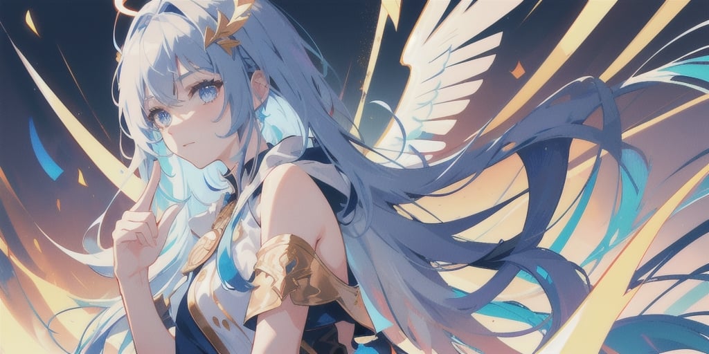 vibrant colors, female, masterpiece, sharp focus, best quality, depth of field, cinematic lighting, ((solo, one woman )), (illustration, 8k CG, extremely detailed), masterpiece, ultra-detailed,
1angel, with sliver long curly hair, blue eyes, (two blue ribbons on her hair), (Double golden halo on her head), angel wings, Wearing Hooded T-shirt, look in the camera
,finger_gun,perfect light