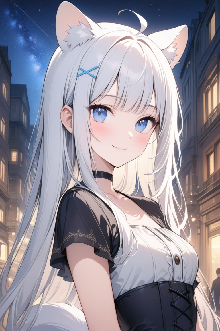 1girl, stoat girl, solo,  ((white hair)), very long hair, blue eyes, (straight hair), (bangs), animal ears, (stoat ears:1.2),
 Choker, ahoge, yaeba, (big white stoat Tail:1.2), (blue X hairpin), masterpiece quality, upper body, looking at viewer, smiling, corset, walking in renacentist city, close up, stunning image, light particles, stunning image, digital art, professional style, ((masterpiece quality: 2)), starry night, close up, attractive image, fine art parody, oil painting style. 