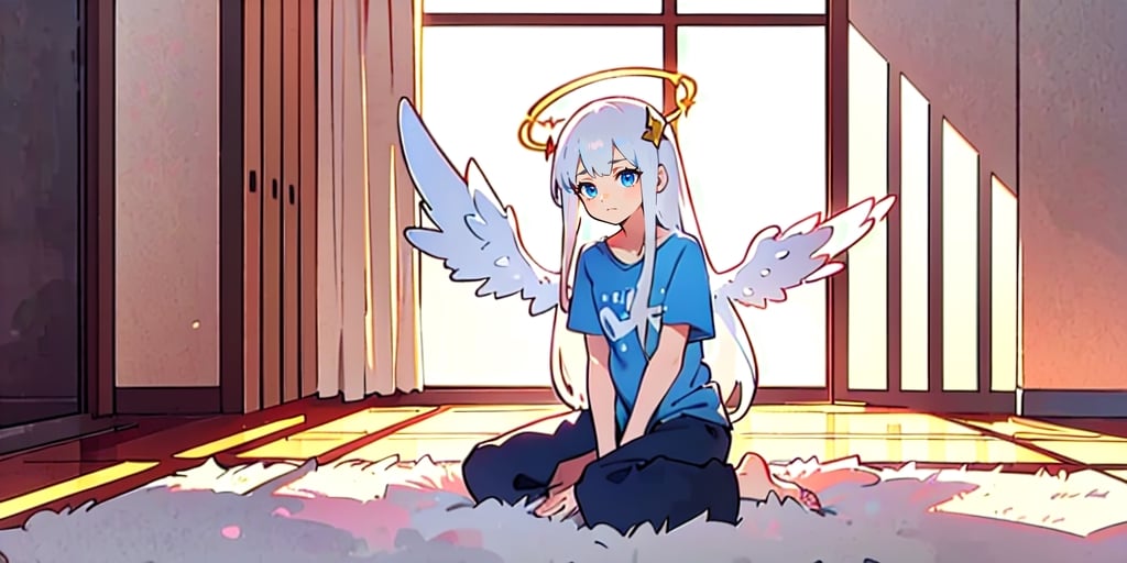  (Best Picture Quality, High Quality, Best Picture Score: 1.3), , Perfect Beauty Score: 1.5, long hair, 1 angel girl, (solo), ((white hair)), (long curly hair), blue eyes, ((two blue ribbons on her hair)), (Double golden halo on her head), (angel wings), (cute outfit), Wearing a T-shirt and pajamas trousers, Sitting on the floor in a room with no lights on, sad expression, beautiful, cute, masterpiece, best quality,