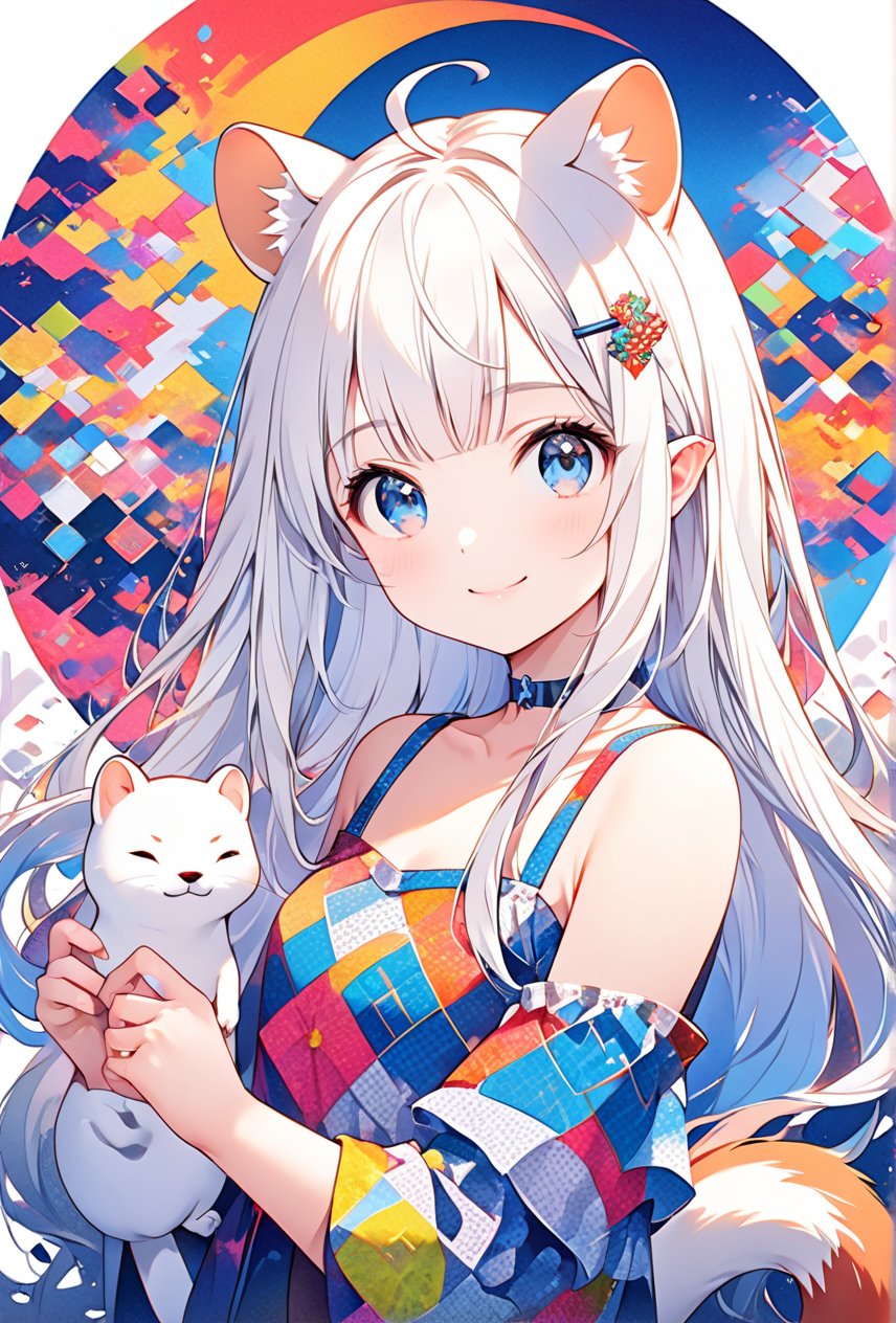 A masterpiece,1girl, stoat girl, solo,  ((white hair)), very long hair, blue eyes, (straight hair), (bangs), animal ears, (stoat ears:1.2),
 Choker, ahoge, yaeba, (big white stoat Tail:1.2), (blue X hairpin), (Animated artwork depicting a smiling girl's face in a collage of vibrant abstract colors and patterns). (The composition contains various fractal curve patterns), all in bright and contrasting colors, very delicate and beautiful, 8K, ultra-fine pointillism, indescribable atmosphere, (papercut style: 1.2),ink paint