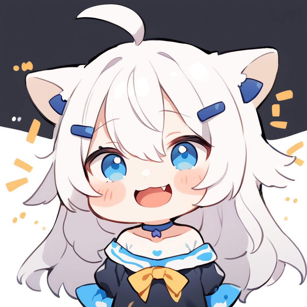 masterpiece, 1girl, stoat girl, solo,  ((white hair)), very long hair, blue eyes, (straight hair), (bangs), animal ears, (stoat ears:1.2),
 Choker, ahoge, fangs, (big stoat Tail:1.2), (blue X hairpin), solo, long hair, blush, bangs, simple background, cute dress, white background, hair between eyes, (((lol))), (laughing), laughing out loud, open mouth, collarbone, ahoge, lips parted, off shoulder, chibi, (((up body))),flat style,