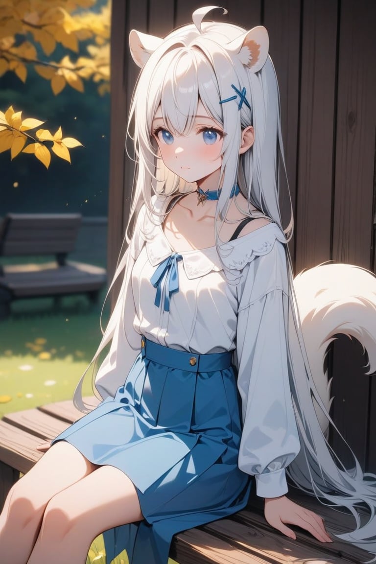 1girl, stoat girl, solo,  ((white hair)), very long hair, blue eyes, (straight hair), (bangs), animal ears, (stoat ears:1.2),
 Choker, ahoge, yaeba, (big white stoat Tail:1.2), (blue X hairpin), An animated animated girl with blue eyes is sitting on a wooden bench. She is wearing a short blue skirt with a white shirt and a blue bow tie. There is a small white cup of coffee on the bench in front of her. Behind her is a green lawn with small white flowers on it. A tree with yellow leaves is on the left side of the bench. Behind the tree is a wooden door with a black handle. Blurry background, detailed image, detailed skin, stunning image, 8k, proffesional style, luxurious room in background, ((masterpiece: 1.2)), light particles. Masterpiece, stunning image, professional style