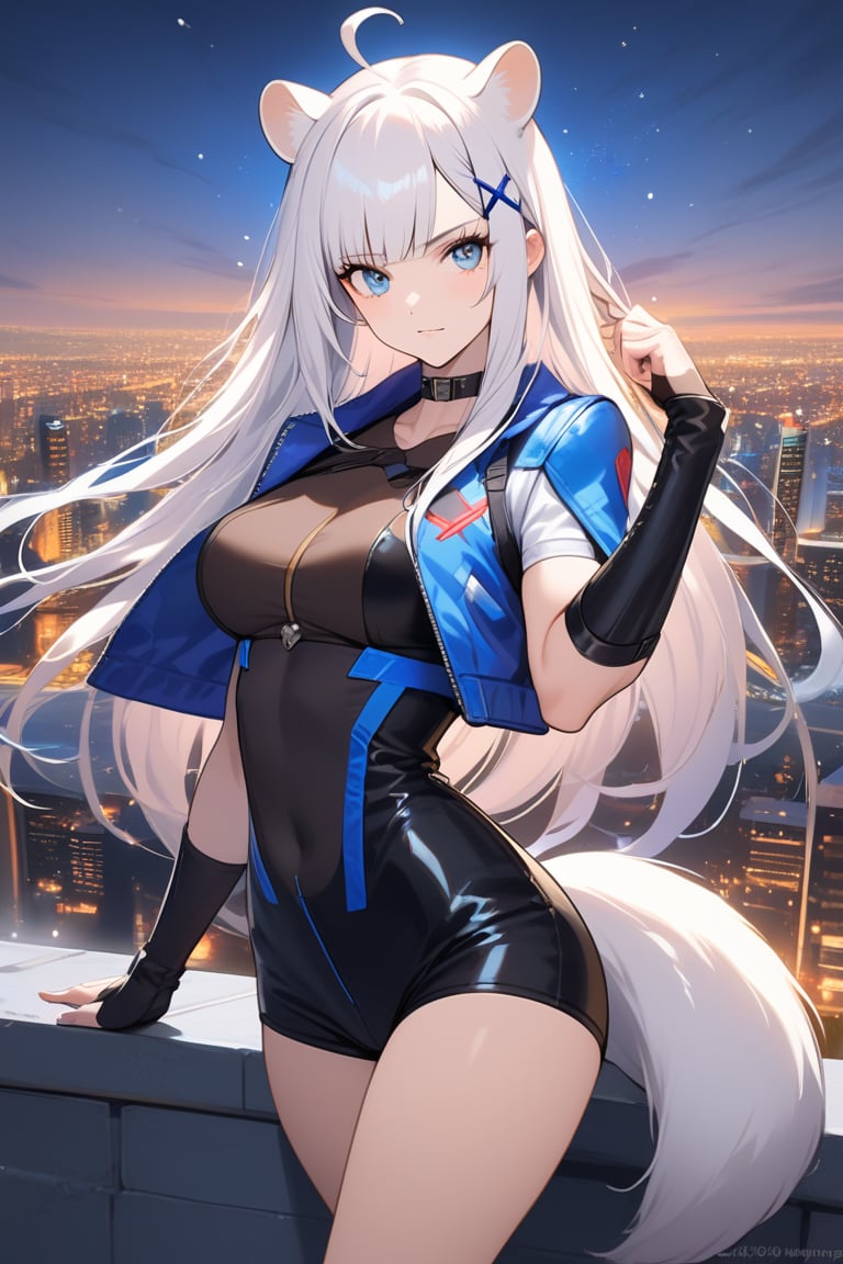 1girl, stoat girl, solo,  ((white hair)), very long hair, blue eyes, (straight hair), (bangs), animal ears, (stoat ears:1.2),
 Choker, ahoge, yaeba, (big white stoat Tail:1.2), (blue X hairpin), very beautiful girl, badass outfit, super hero suit, sexy pose, impressive woman, blue eyes, long hair, light particles in air, water particles in air, serious face, beautiful face, looking at viewer, masterpiece quality, stunning image, city in background.