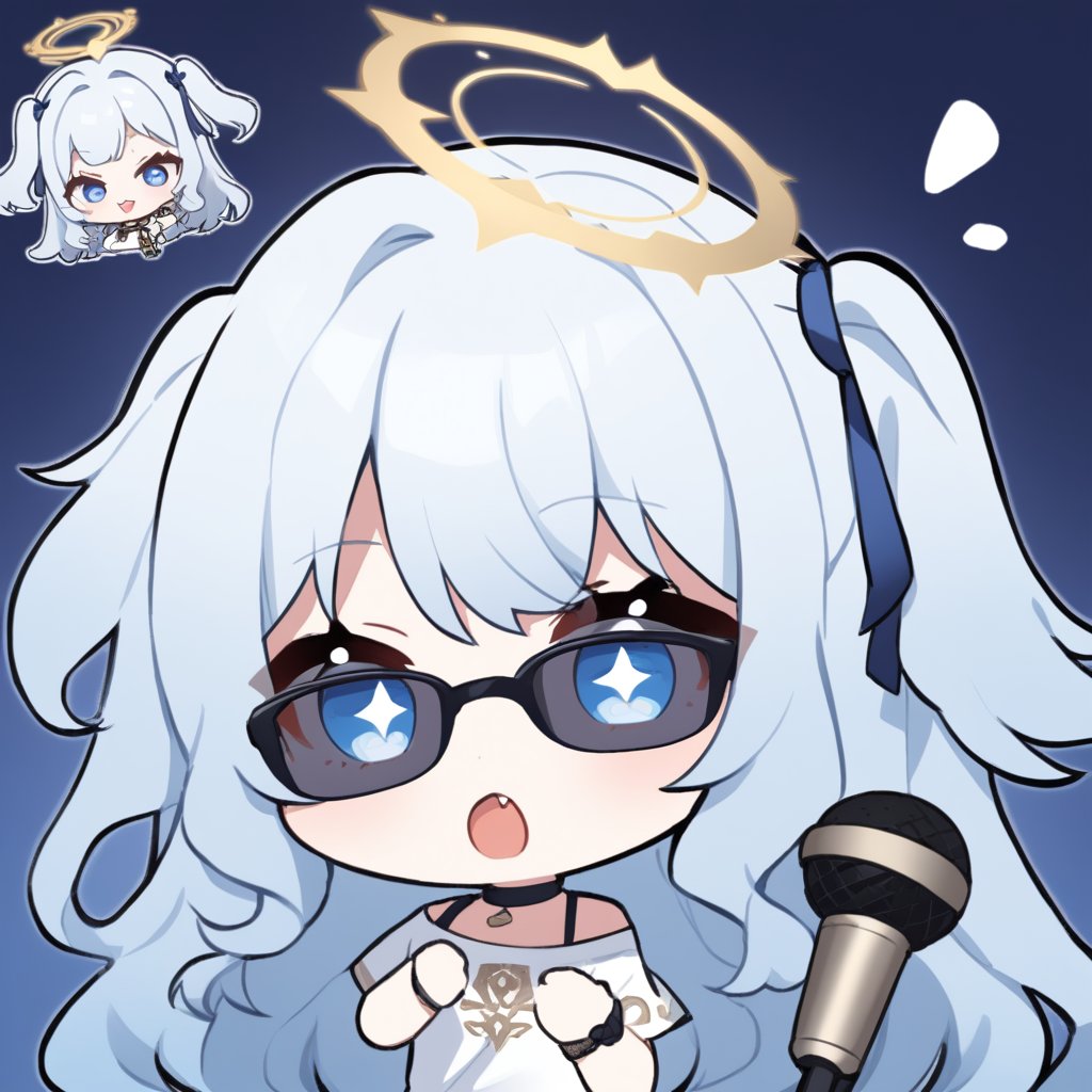 (chibi style), {{{masterpiece}}}, {{{best quality}}}, {{ultra-detailed}}, {beautiful detailed eyes}. 1girl, angel, white hair, long curly hair, (two side up), blue eyes,  (curly hair:1.2), (wavy hair), (hair curls), (bangs), (two side up), two blue hair ties on head, (Double golden halo on her head), choker, angel wings, ahoge, fang, (white T-shirt), (rapping), (black sunglasses), (microphone), upper body,chibi emote style,chibi,emote, cute,Emote Chibi,anime,