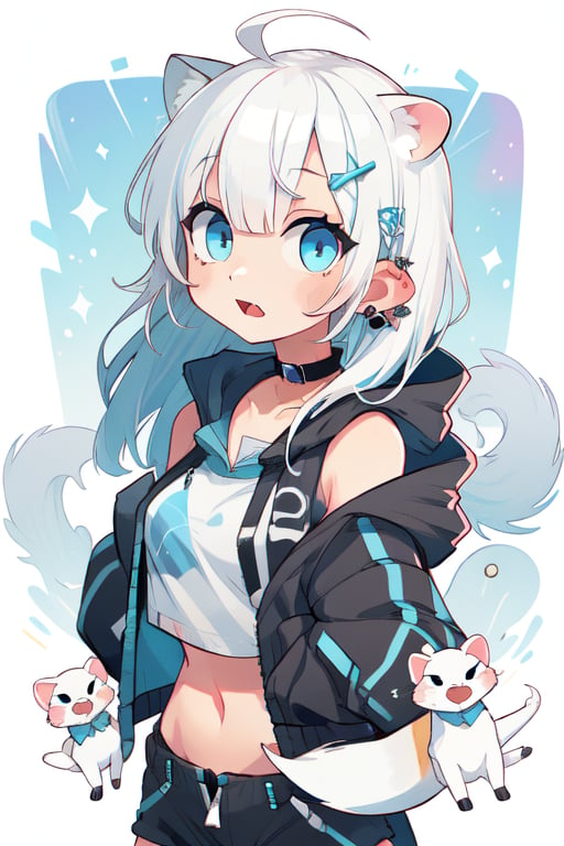 (best quality, masterpiece), 1girl, stoat girl, solo,  ((white hair)), very long hair, blue eyes, (straight hair), (bangs), animal ears, (stoat ears:1.2),
 Choker, ahoge, fangs, (big stoat Tail:1.2), (blue X hairpin), (White collared sleeveless top, (midriff), blue chest bow), 
(black hooded oversized jacket:1.2), (jacket zipper half unzipped), (black short pants) (Off the shoulders), particle, upper body, looking at viewer, galaxy