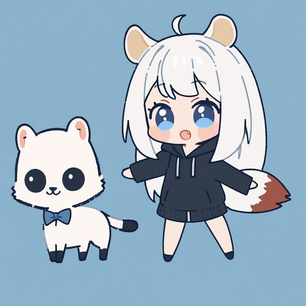 chibi, masterpiece, made by a master, 4k, perfect anatomy, perfect details, best quality, high quality, lots of detail.
(solo),1girl, ((white hair)), very long hair, blue eyes, (straight hair), (bangs), animal ears, (stoat ears:1.2), ahoge, fang, (big stoat Tail:1.2), (White sleeveless two piece dress, blue chest bow), (black hooded jacket:1.2), punching a rabbit, single, looking at viewer, (happy), (chuckle), (full body) ,Emote Chibi. cute comic,simple background, flat color, Cute girl,Chibi Style,chibi emote style,cute