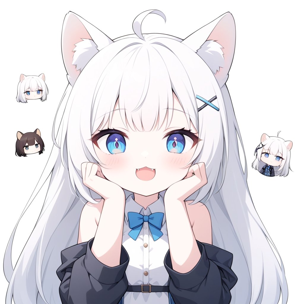 (chibi style), {{{masterpiece}}}, {{{best quality}}}, {{ultra-detailed}}, {beautiful detailed eyes},1girl, solo,  ((white hair)), very long hair, blue eyes, (straight hair), (bangs), animal ears, (stoat ears:1.2), Choker, ahoge, fangs, (big stoat Tail:1.2), (blue X hairpin), (White sleeveless collared dress, (Two-piece dress), (blue chest bow)), (black hooded oversized jacket:1.2), (Off the shoulders), 
(((>.<))), (hands on face), upper body,chibi emote style,chibi,emote, cute,Emote Chibi,comic book,cutechibiprofile