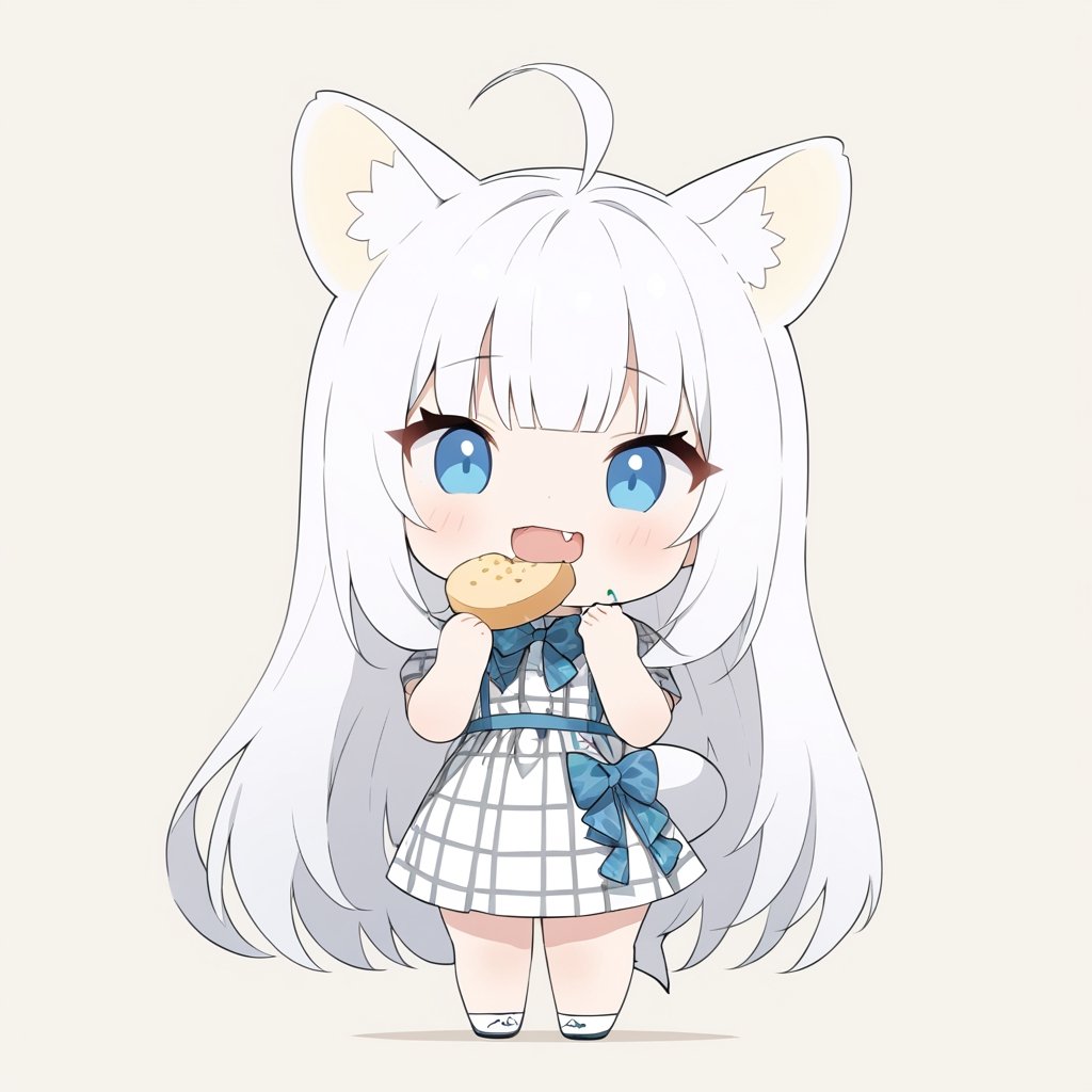 chibi, masterpiece, made by a master, 4k, perfect anatomy, perfect details, best quality, high quality, lots of detail.
(solo),1girl, ((white hair)), very long hair, blue eyes, (straight hair), (bangs), (stoat ears:1.2), ahoge, fang, (big stoat Tail:1.2), (plaid dress, chest bow), eating food, single, looking at viewer, (happy), (chuckle), (full body) ,Emote Chibi. cute comic,simple background, flat color, Cute girl,Chibi Style,