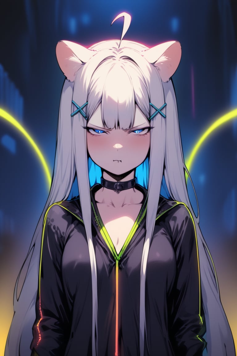  1girl, stoat girl, solo,  ((white hair)), very long hair, blue eyes, (straight hair), (bangs), animal ears, (stoat ears:1.2),
 Choker, ahoge, yaeba, (big white stoat Tail:1.2), (blue X hairpin), mature female, no pupils, straight-on, half-closed eyes, narrowed eyes, pout, blurry background, alp, (((neon theme))), perfect_hands, dark theme, vivid color, masterpiece, best quality, amazing quality, very aesthetic, absurdres, depth of field, score_9, archi-ghelber-style