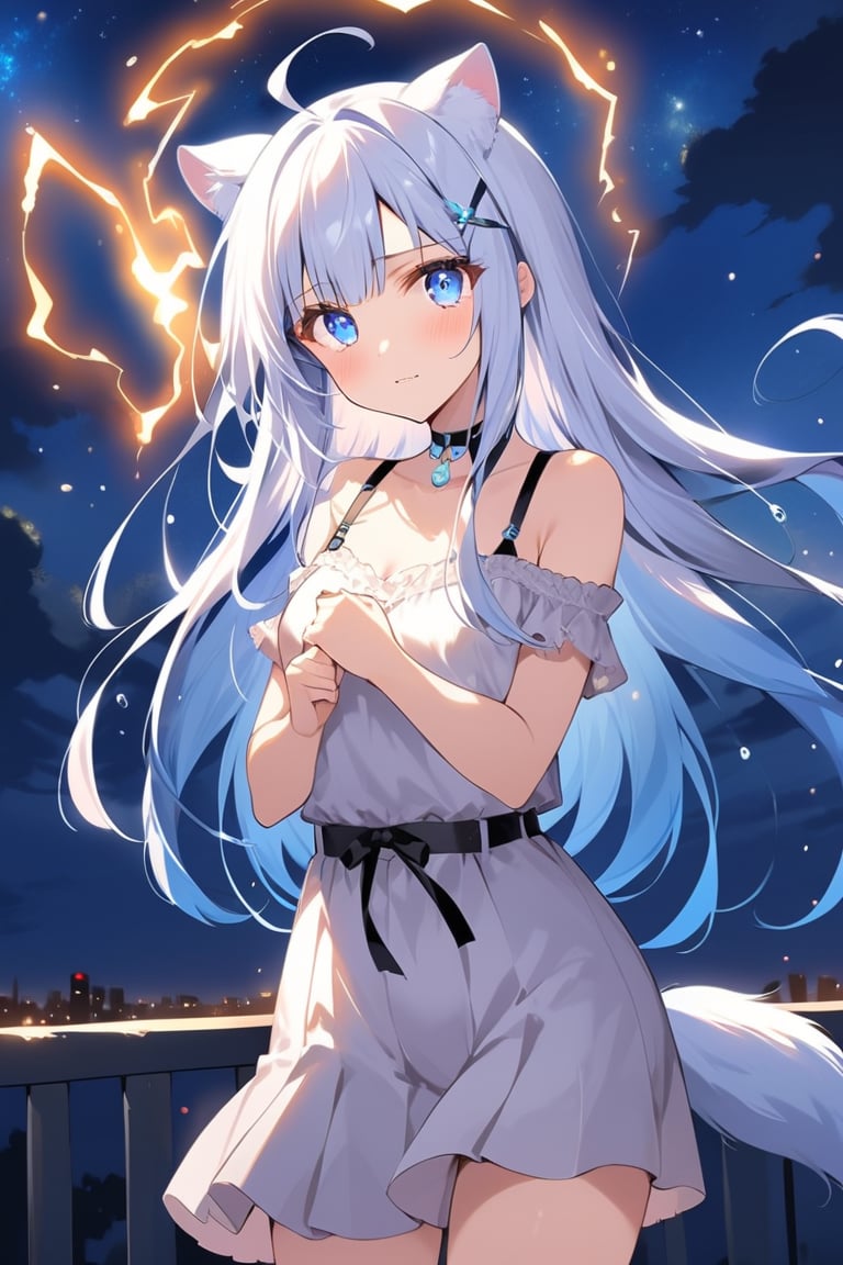 Front view, (score 9, score 8 up, score_7_up, source anime, (masterpiece), best quality, expressive eyes, perfect face, (masterpiece), best quality, expressive eyes, perfect face, at night, 1girl, stoat girl, solo,  ((white hair)), very long hair, blue eyes, (straight hair), (bangs), animal ears, (stoat ears:1.2),
 Choker, ahoge, yaeba, (big white stoat Tail:1.2), (blue X hairpin),, standing, eerily intense, if looks could kill, lightning arcing from her, powerful, on a roof top night time, electricity aura, tears, eyes glowing, taking an action stance, ready to fight,ink paint