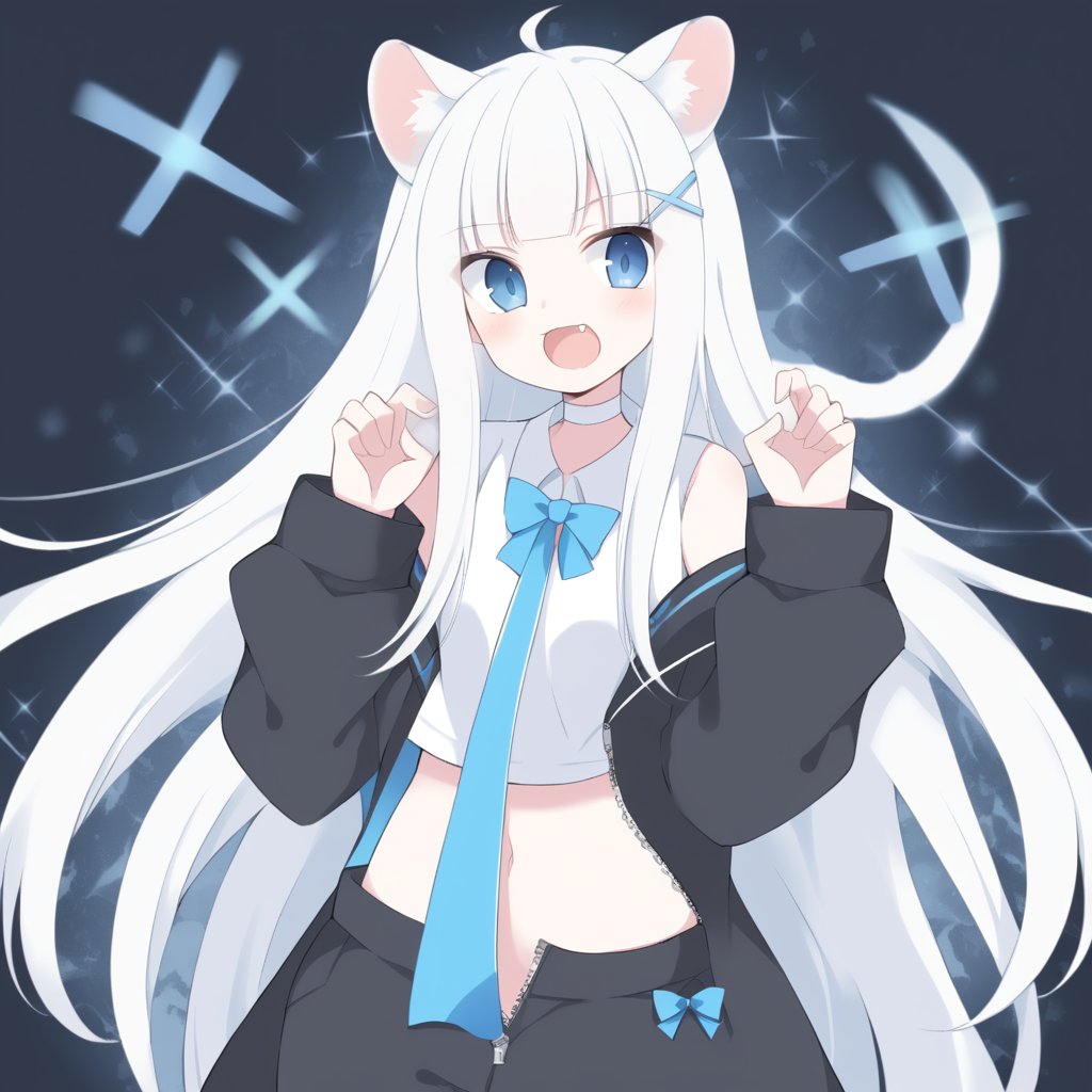 1girl, stoat girl, solo,  ((white hair)), very long hair, blue eyes, (straight hair), (bangs), animal ears, (stoat ears:1.2),
 Choker, ahoge, fangs, (big stoat Tail:1.2), (blue X hairpin), (White collared sleeveless top, (midriff), blue chest bow), 
(black hooded oversized jacket:1.2), (jacket zipper half unzipped), (black short pants) (Off the shoulders), anime, fightng pose,Anime Style.,kawaii,rm0g3r4