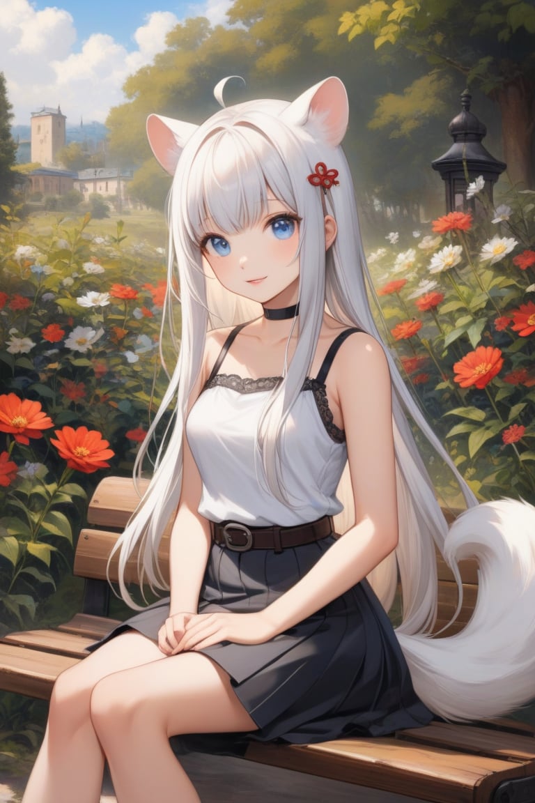 1girl, stoat girl, solo,  ((white hair)), very long hair, blue eyes, (straight hair), (bangs), animal ears, (stoat ears:1.2),
 Choker, ahoge, yaeba, (big white stoat Tail:1.2), (blue X hairpin), solo, breasts, looking at viewer, smile, bangs, skirt, bare shoulders, sitting, white shirt, flower, outdoors, parted lips, sleeveless, day, belt, sleeveless shirt, black skirt, red flower, bench, hands on lap, fine art parody, oil painting style