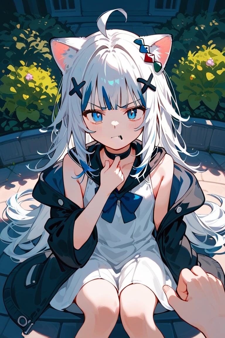 score_9, score_8_up, score_7_up, score_6_up, source anime, 1girl, solo,  ((white hair)), very long hair, blue eyes, (straight hair), (bangs), animal ears, (stoat ears:1.2), Choker, ahoge, fangs, 
(big stoat Tail:1.2), (X hairpin), (White sleeveless collared dress, blue chest bow), (black hooded oversized jacket:1.2), (Off the shoulders), vinpitm,annoyed,pov,hand on another chin,garden,girl 