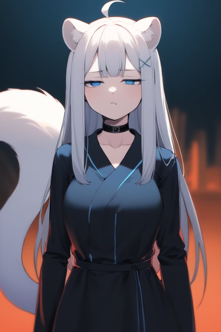  1girl, stoat girl, solo,  ((white hair)), very long hair, blue eyes, (straight hair), (bangs), animal ears, (stoat ears:1.2),
 Choker, ahoge, yaeba, (big white stoat Tail:1.2), (blue X hairpin), mature female, no pupils, straight-on, half-closed eyes, narrowed eyes, pout, blurry background, alp, (((neon theme))), perfect_hands, dark theme, vivid color, masterpiece, best quality, amazing quality, very aesthetic, absurdres, depth of field, score_9, archi-ghelber-style