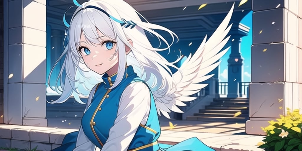 vibrant colors, female, masterpiece, sharp focus, best quality, depth of field, cinematic lighting, ((solo, one woman )), (illustration, 8k CG, extremely detailed), masterpiece, ultra-detailed,
1angel, (white hair), long curly hair, blue eyes, (two blue ribbons on her hair), (Double golden halo on her head), angel wings, sweater, cute outfit, sitting, against the wall, beside the street, open mouth, best smile, cute face, (full body),  perfect light,1girl white hair blue eyes x hair ornament,masterpiece,
