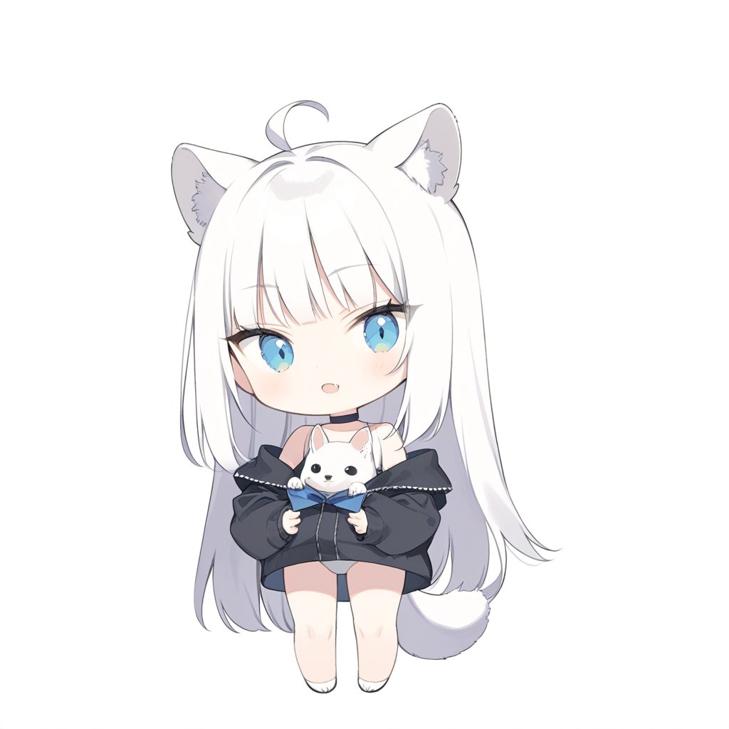 chibi, masterpiece, made by a master, 4k, perfect anatomy, perfect details, best quality, high quality, lots of detail.
(solo),1girl, ((white hair)), very long hair, blue eyes, (straight hair), (bangs), animal ears, (stoat ears:1.2), Choker, ahoge, fang, (big stoat Tail:1.2), (White sleeveless two piece dress, blue chest bow), (black hooded jacket:1.2), (Off the shoulders), (playing with a rabbit:1.2), single, looking at viewer, (full body) ,Emote Chibi. cute comic,simple background, flat color, Cute girl,Chibi Style,chibi emote style,aesthetic